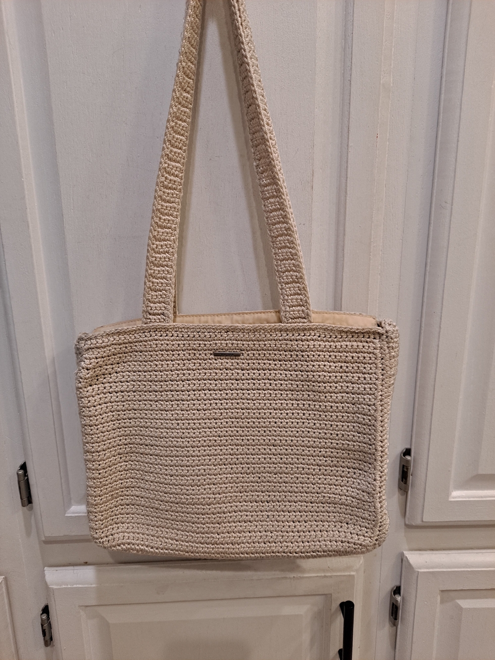The Sak Cream Handcrochet Rectangle Tote Bag with Shoulder Straps